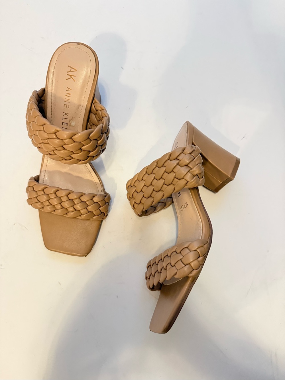 Anne Klein Braided Double-Strap Block Heel Mules in Nude 8